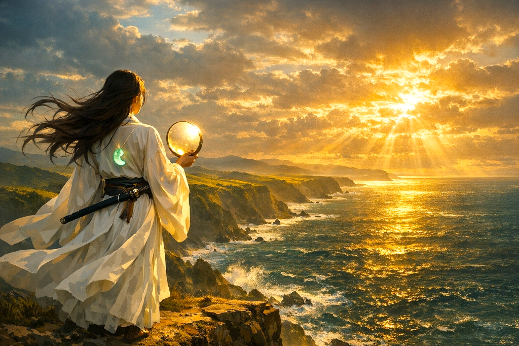 A_solitary_beautiful_woman_seen_from_behind_stand