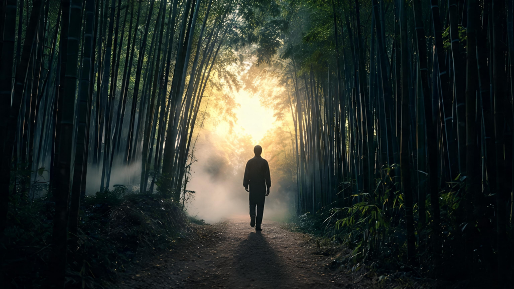 A_person_walking_forward_on_a_narrow_path_through_-憑依